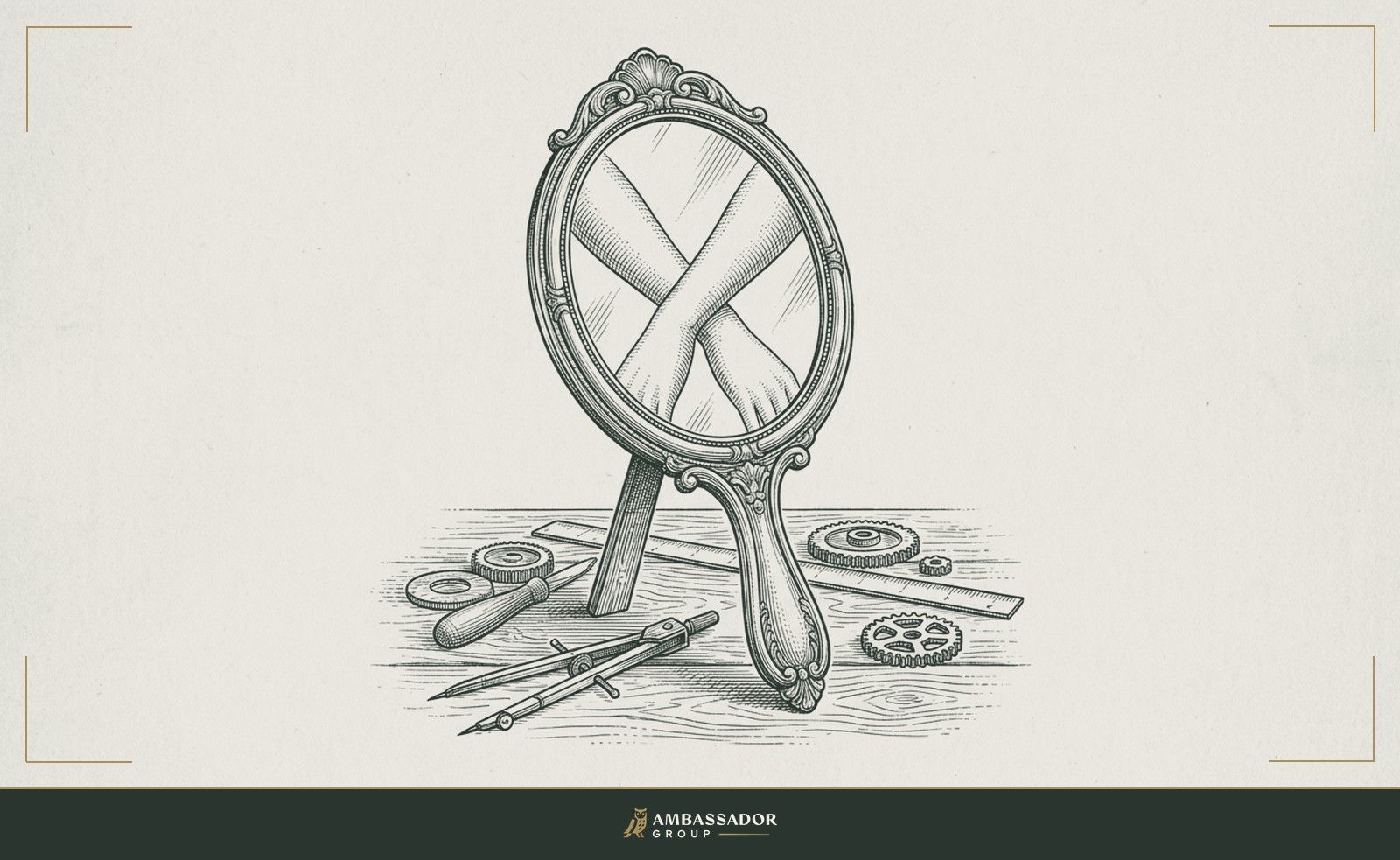 Antique engraving illustration. A hand mirror propped upright on a workbench, reflecting a pair of crossed arms back toward the viewer.