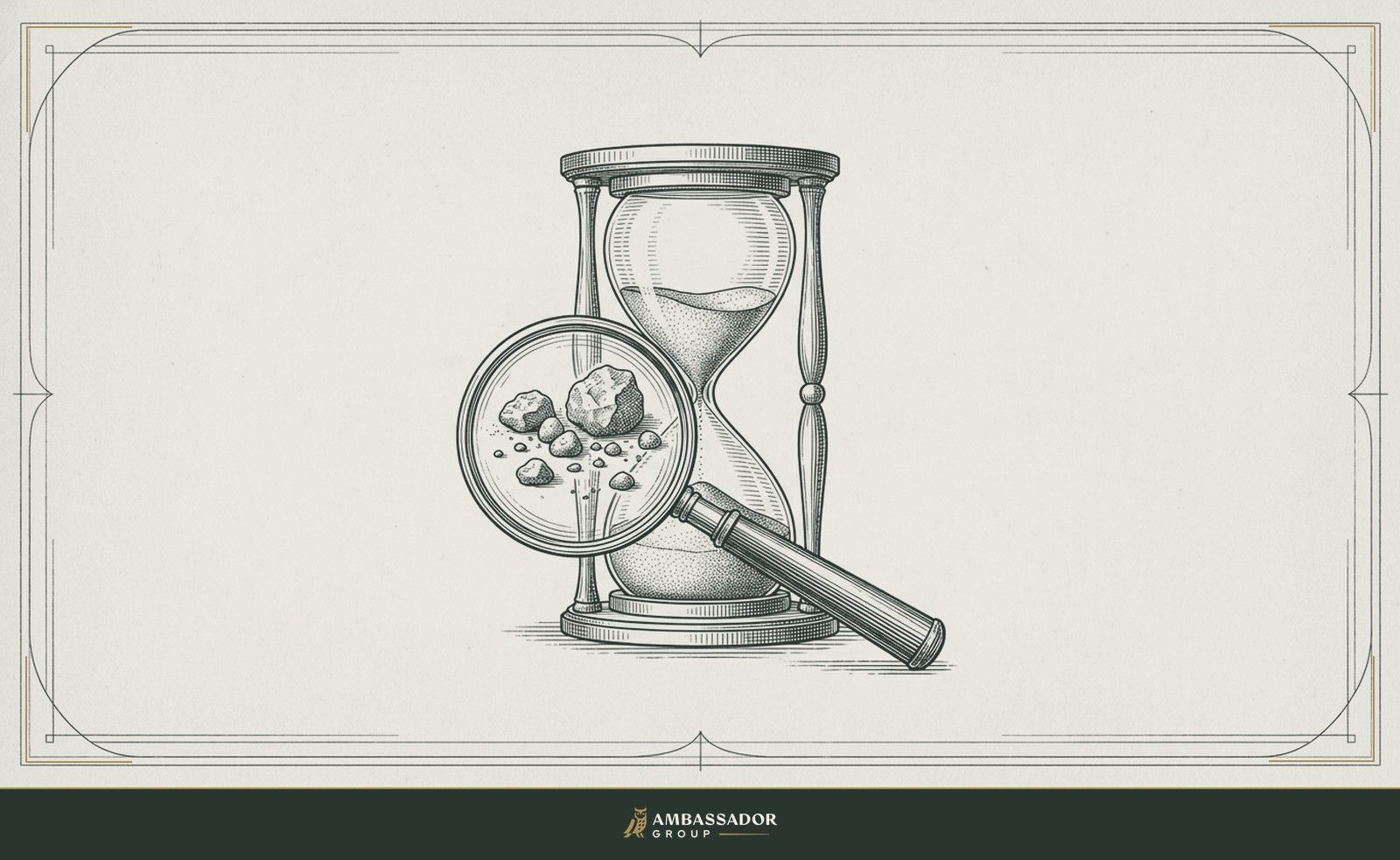 Antique engraving illustration. An hourglass with the lower bulb nearly full, a magnifying glass resting against it revealing that the grains are far larger than they first appeared.