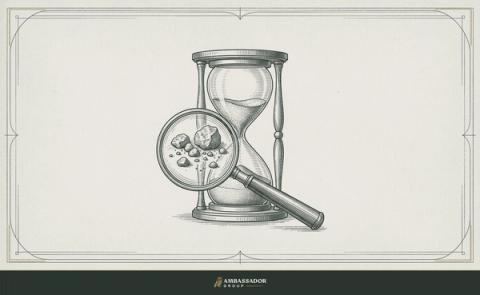 Antique engraving illustration. An hourglass with the lower bulb nearly full, a magnifying glass resting against it revealing that the grains are far larger than they first appeared.