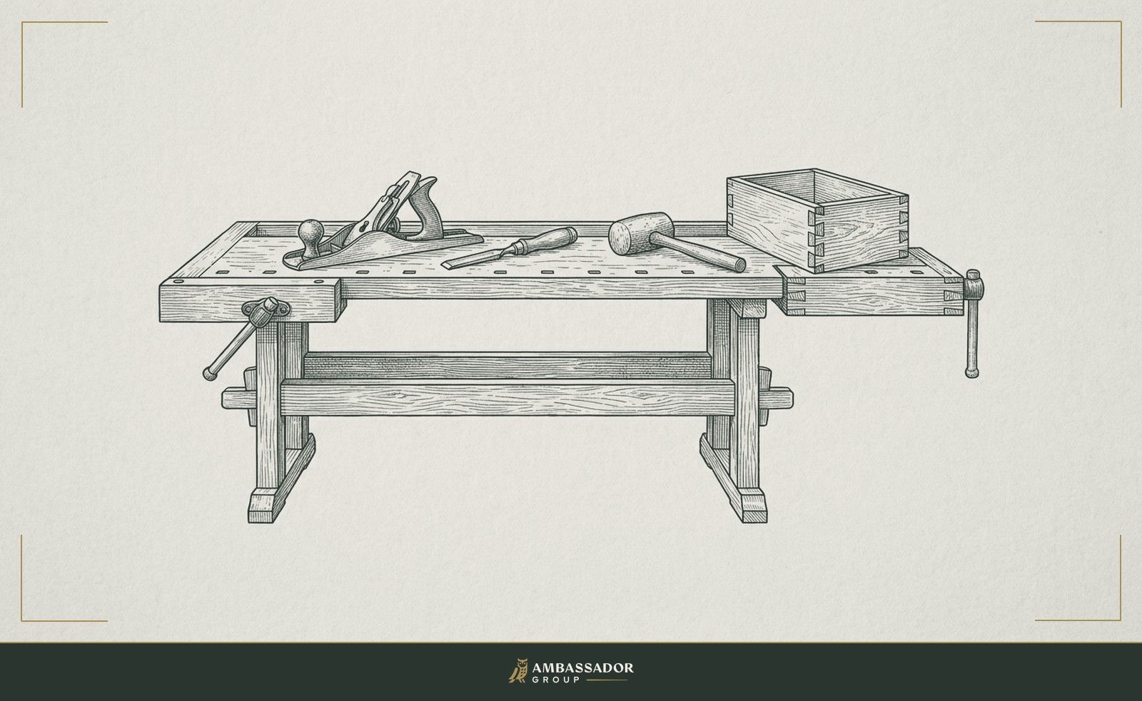 Antique engraving illustration. A craftsman's bench with three tools laid in order on its surface, each well-used, a finished piece of joinery resting completed at the end.