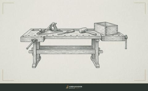 Antique engraving illustration. A craftsman's bench with three tools laid in order on its surface, each well-used, a finished piece of joinery resting completed at the end.