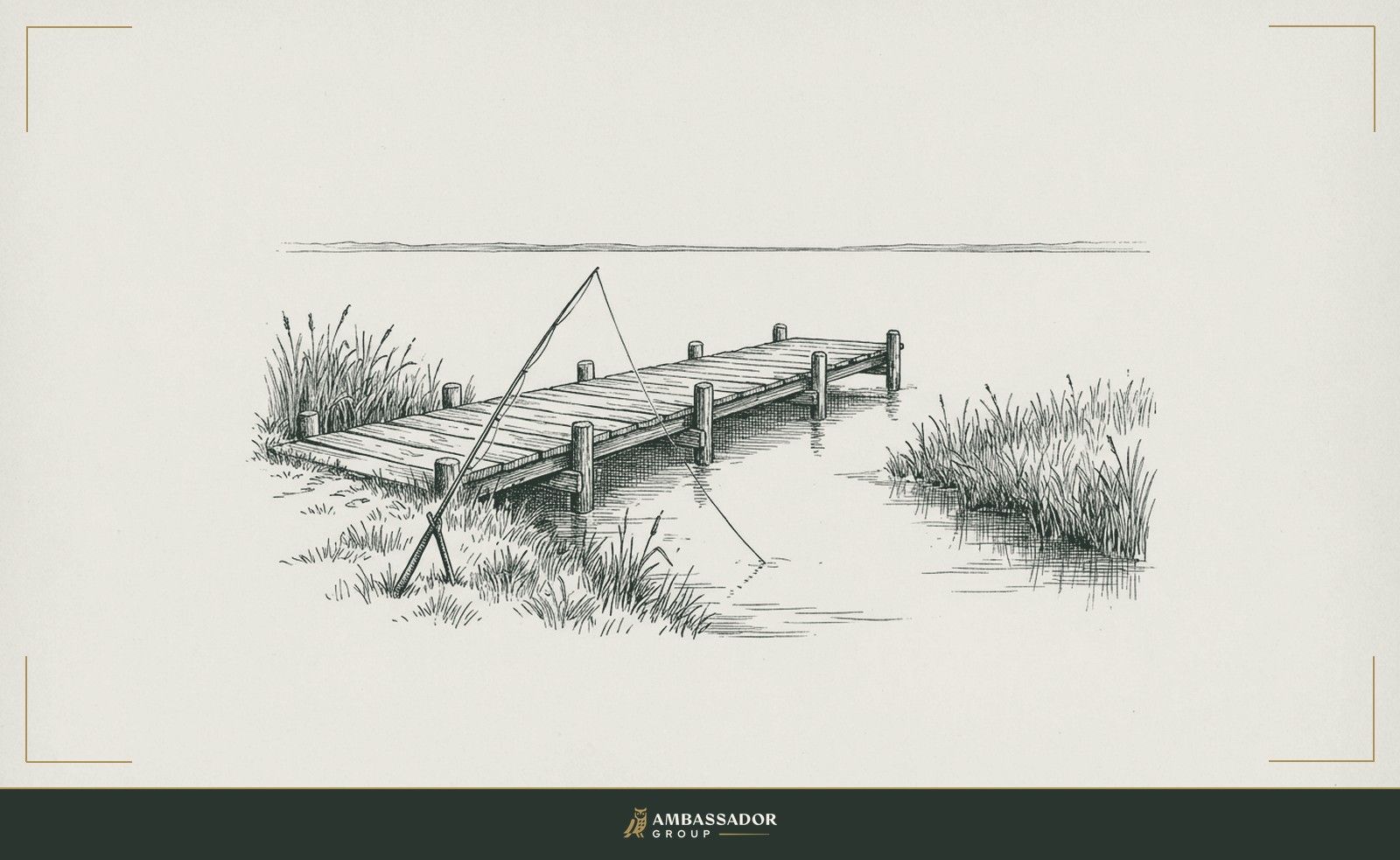 Antique engraving illustration. A dock extending into still water, a fishing rod cast only to the near bank, a wide open channel untouched beyond.