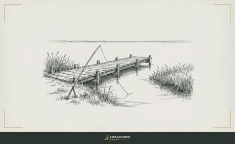 Antique engraving illustration. A dock extending into still water, a fishing rod cast only to the near bank, a wide open channel untouched beyond.