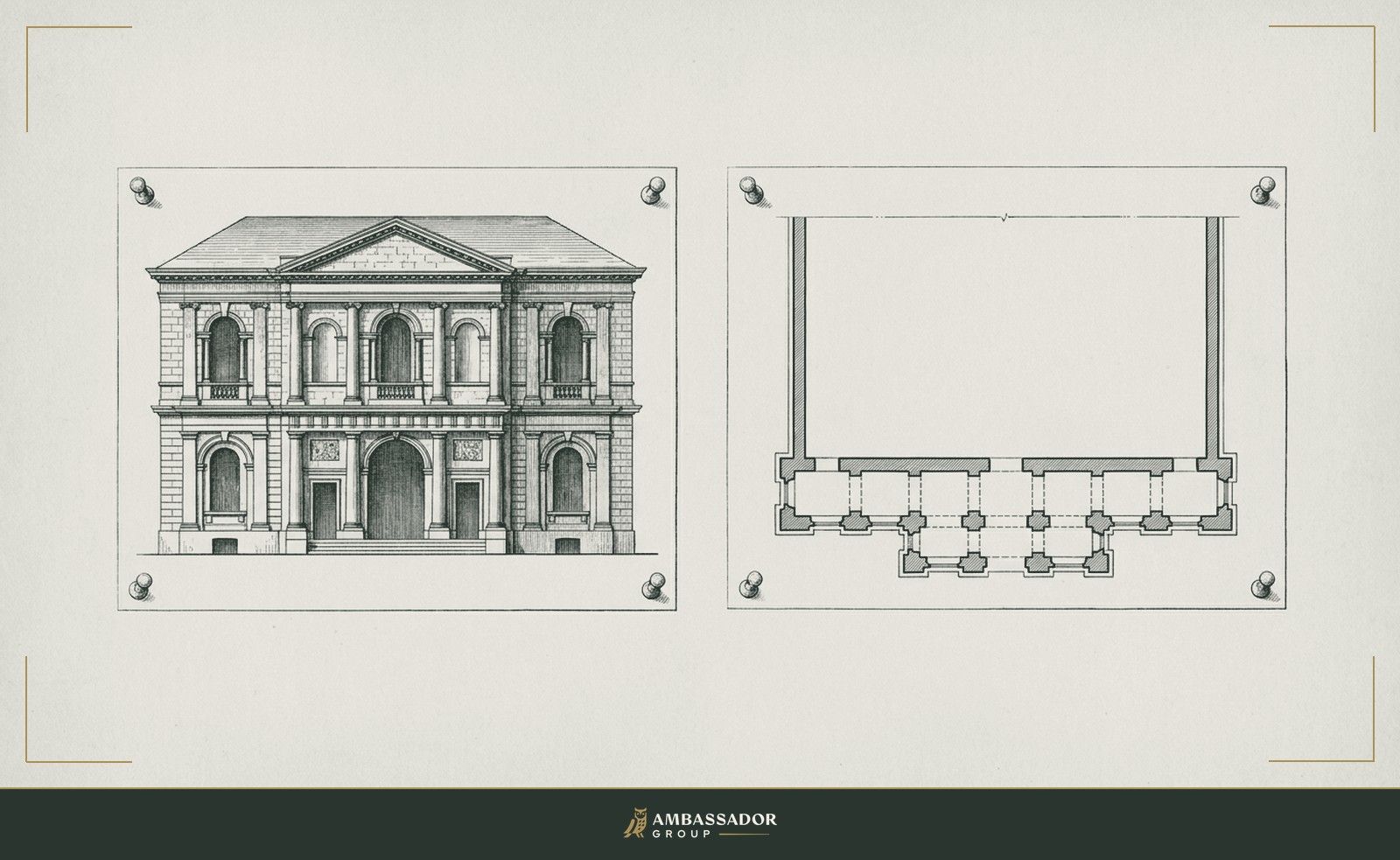 Antique engraving illustration. Two architectural drawings pinned side by side: one showing a finished building's elevation in full, the other a partial foundation plan with the upper floors blank.