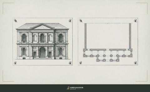 Antique engraving illustration. Two architectural drawings pinned side by side: one showing a finished building's elevation in full, the other a partial foundation plan with the upper floors blank.