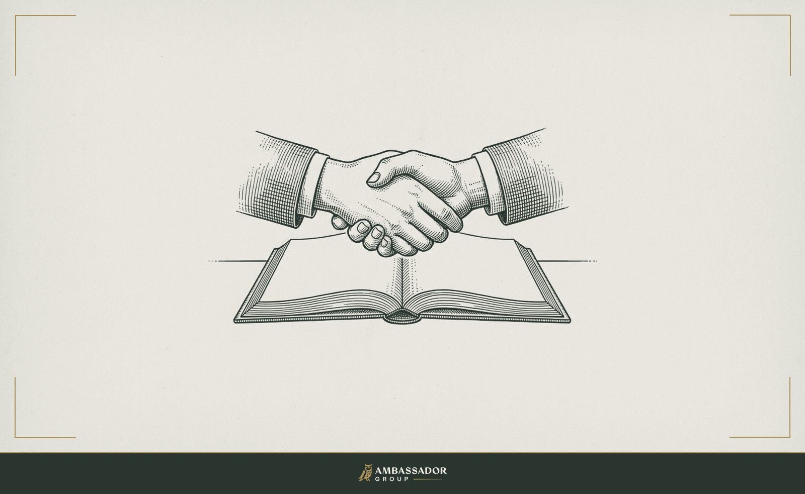 Antique engraving illustration. A pair of extended hands meeting in a handshake over an open ledger, the clasp firm and equal, neither hand gripping harder than the other.