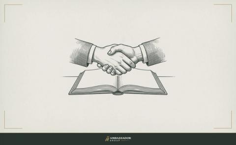Antique engraving illustration. A pair of extended hands meeting in a handshake over an open ledger, the clasp firm and equal, neither hand gripping harder than the other.