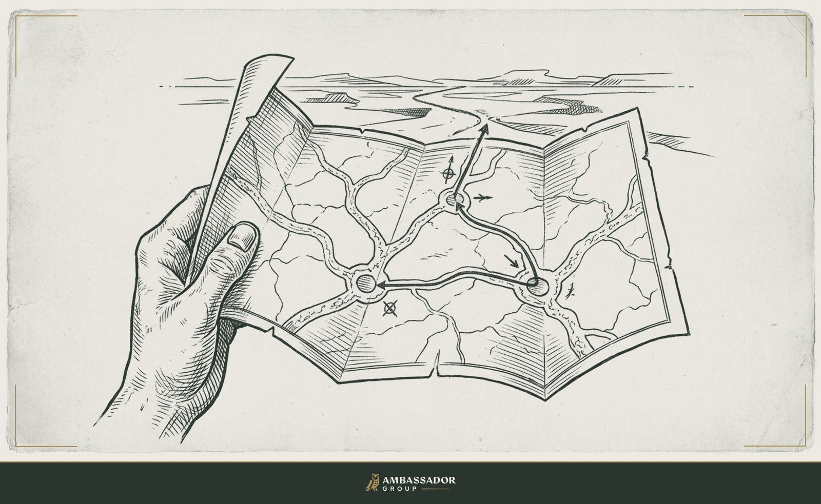 Antique engraving illustration. A traveler's hand holding open a branching road map, a single route traced in ink across three junctions toward the horizon.