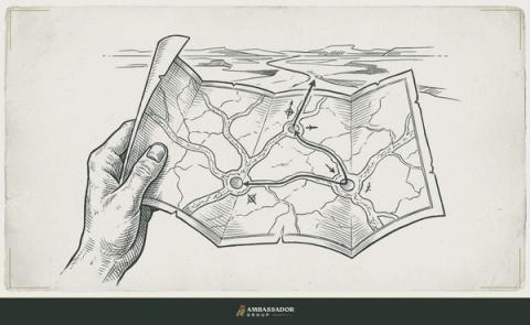 Antique engraving illustration. A traveler's hand holding open a branching road map, a single route traced in ink across three junctions toward the horizon.