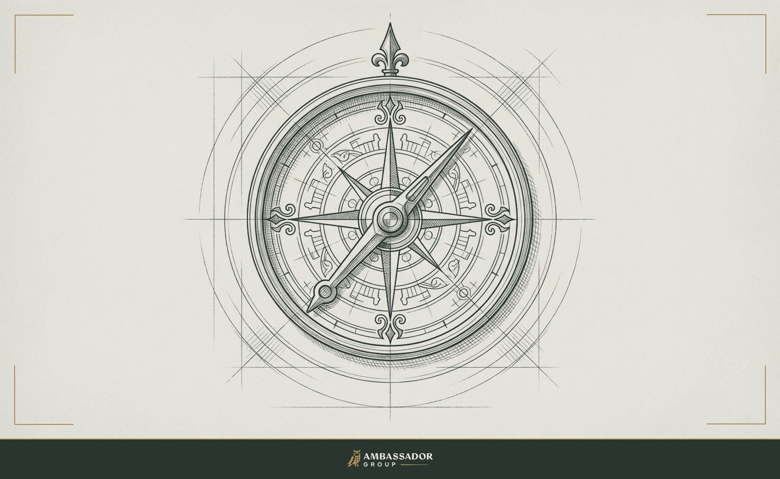 Antique engraving illustration. A compass needle locked onto magnetic north, with a mission statement engraved on its dial face as cardinal directions, the instrument turned into an operating guide.