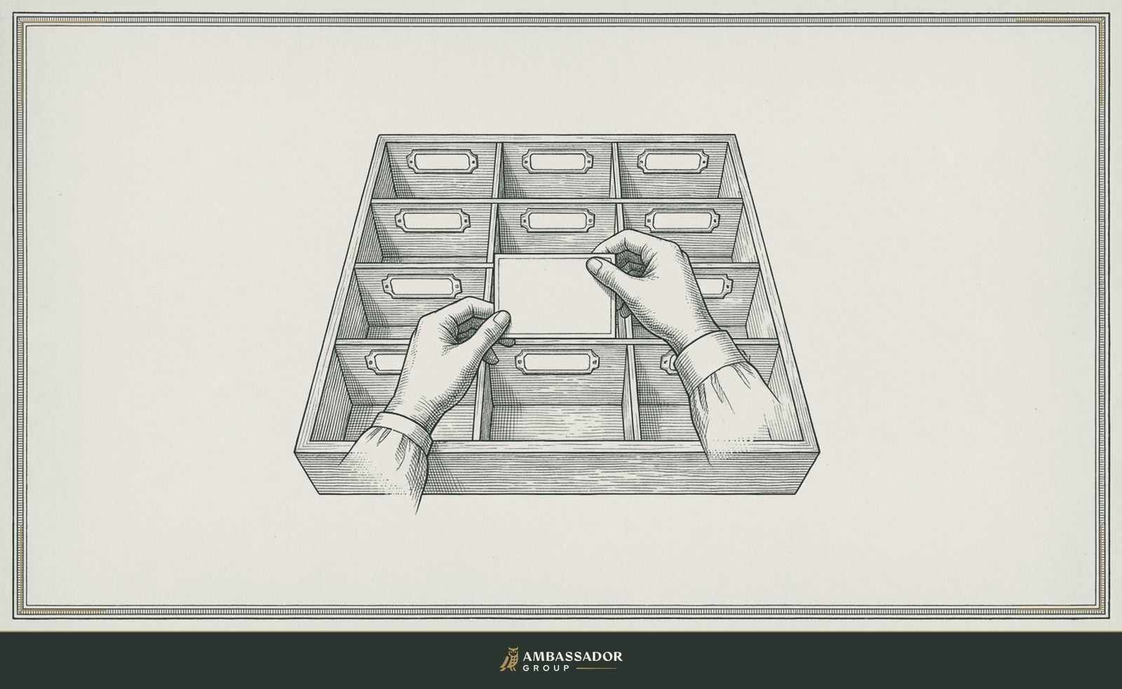 Antique engraving illustration. A sorting tray with labeled compartments, a single specimen card placed deliberately in the correct slot by a pair of gloved hands above it, all other slots empty.