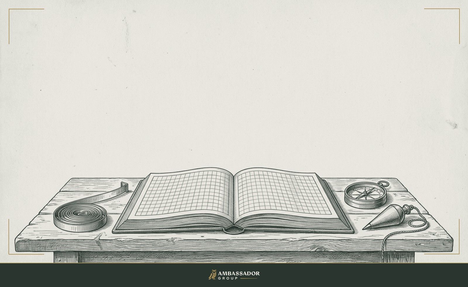 Antique engraving illustration. A surveyor's field book splayed open beside a plumb line, compass, and steel measuring tape arranged in careful order on a workbench.