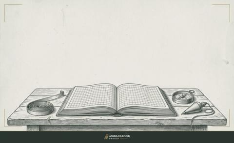 Antique engraving illustration. A surveyor's field book splayed open beside a plumb line, compass, and steel measuring tape arranged in careful order on a workbench.