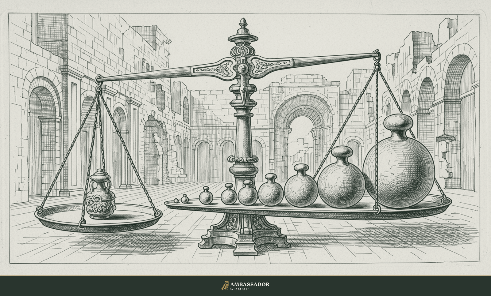 Antique engraving illustration. A row of graduated iron weights set on one pan of a balance scale, units of measured risk against a counterweight.