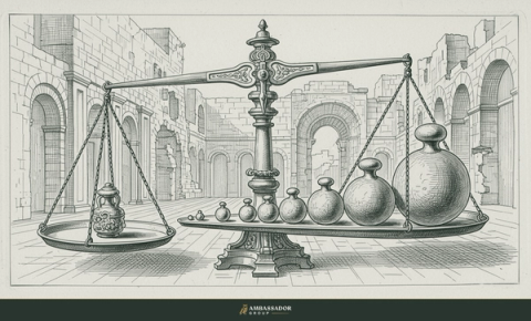 Antique engraving illustration. A row of graduated iron weights set on one pan of a balance scale, units of measured risk against a counterweight.