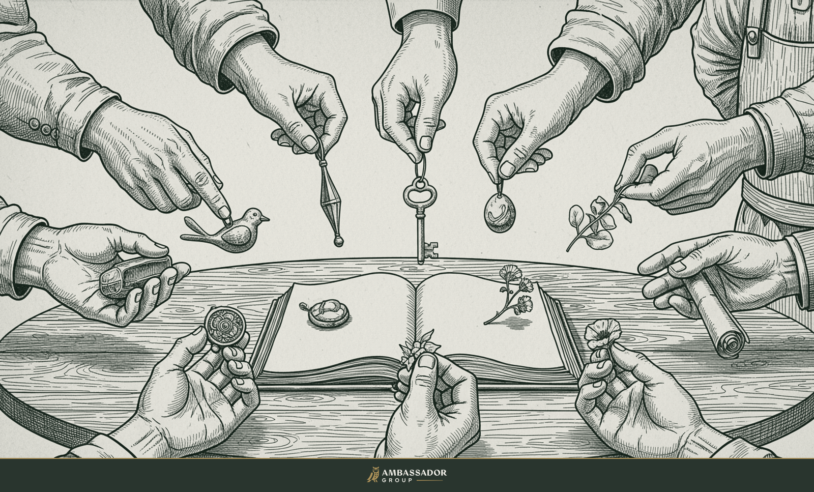 Antique engraving illustration. A circle of workers' weathered hands offering small tokens of counsel onto a round table where an open ledger receives them.