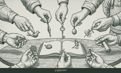 Antique engraving illustration. A circle of workers' weathered hands offering small tokens of counsel onto a round table where an open ledger receives them.