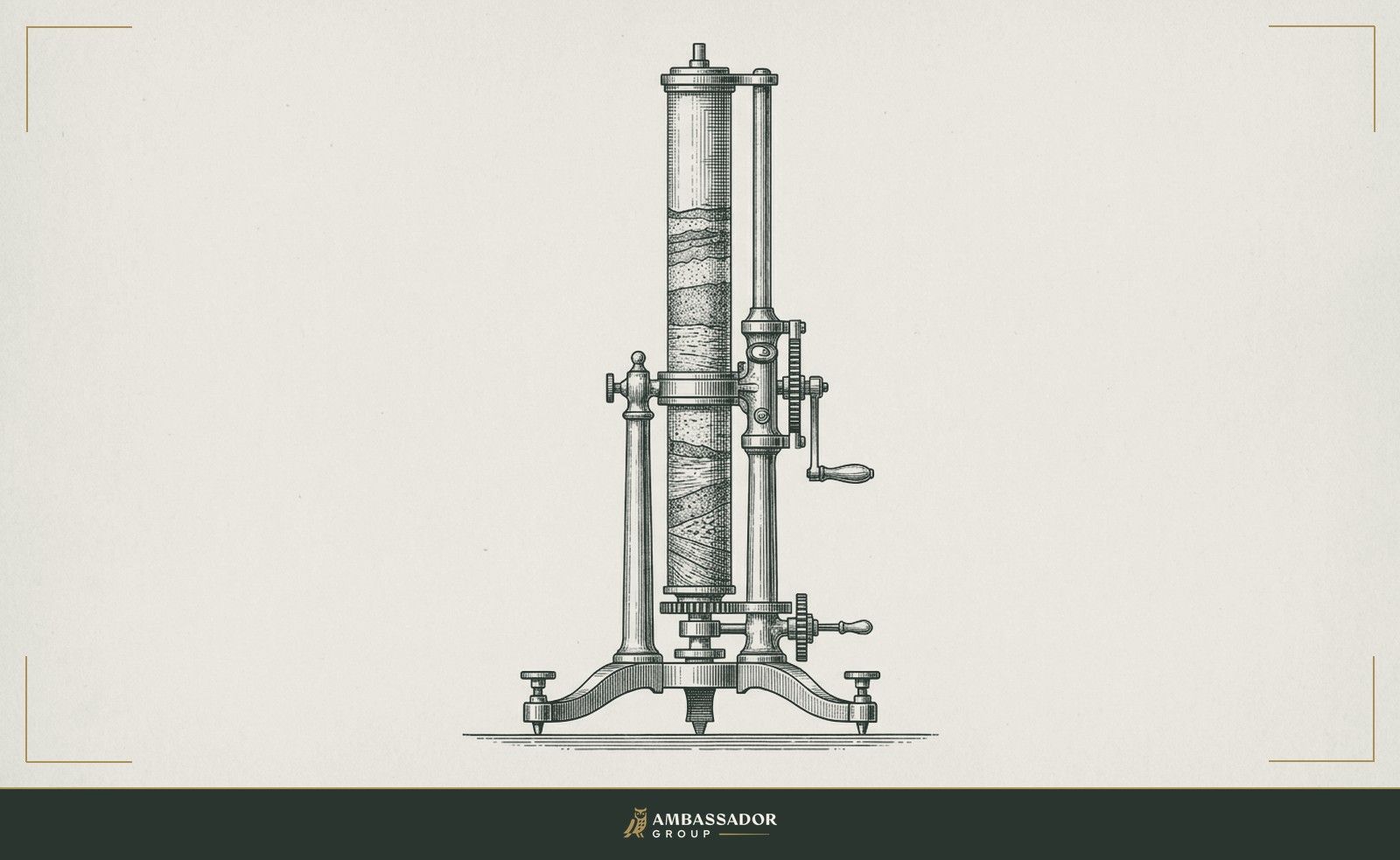Antique engraving of a geological core sample in a brass drill stand, sediment layers visible along its length