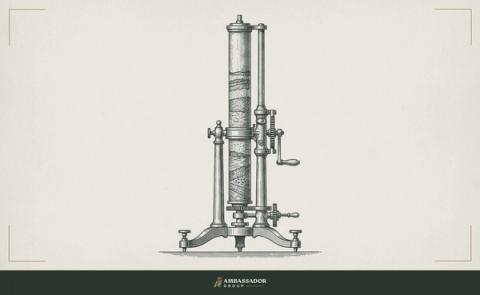 Antique engraving of a geological core sample in a brass drill stand, sediment layers visible along its length