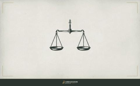 Antique engraving illustration. A finely balanced apothecary scale holds two empty brass pans level on a slender beam.
