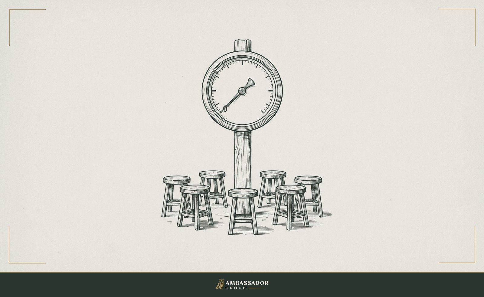 Antique engraving illustration. A pulse monitor dial mounted on a timber post, its hand registering zero because no one is standing near it, a conversation circle of empty stools around the base.
