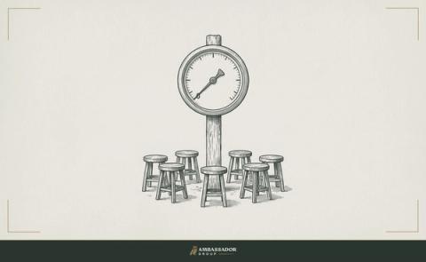 Antique engraving illustration. A pulse monitor dial mounted on a timber post, its hand registering zero because no one is standing near it, a conversation circle of empty stools around the base.