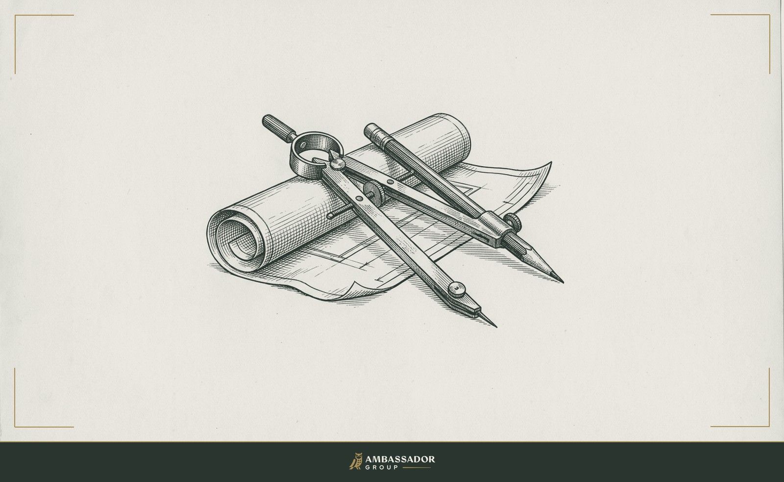 Antique engraving illustration. A draftsman's compass set open beside a folded blueprint, a sharpened pencil resting across the hinge as if just set down.