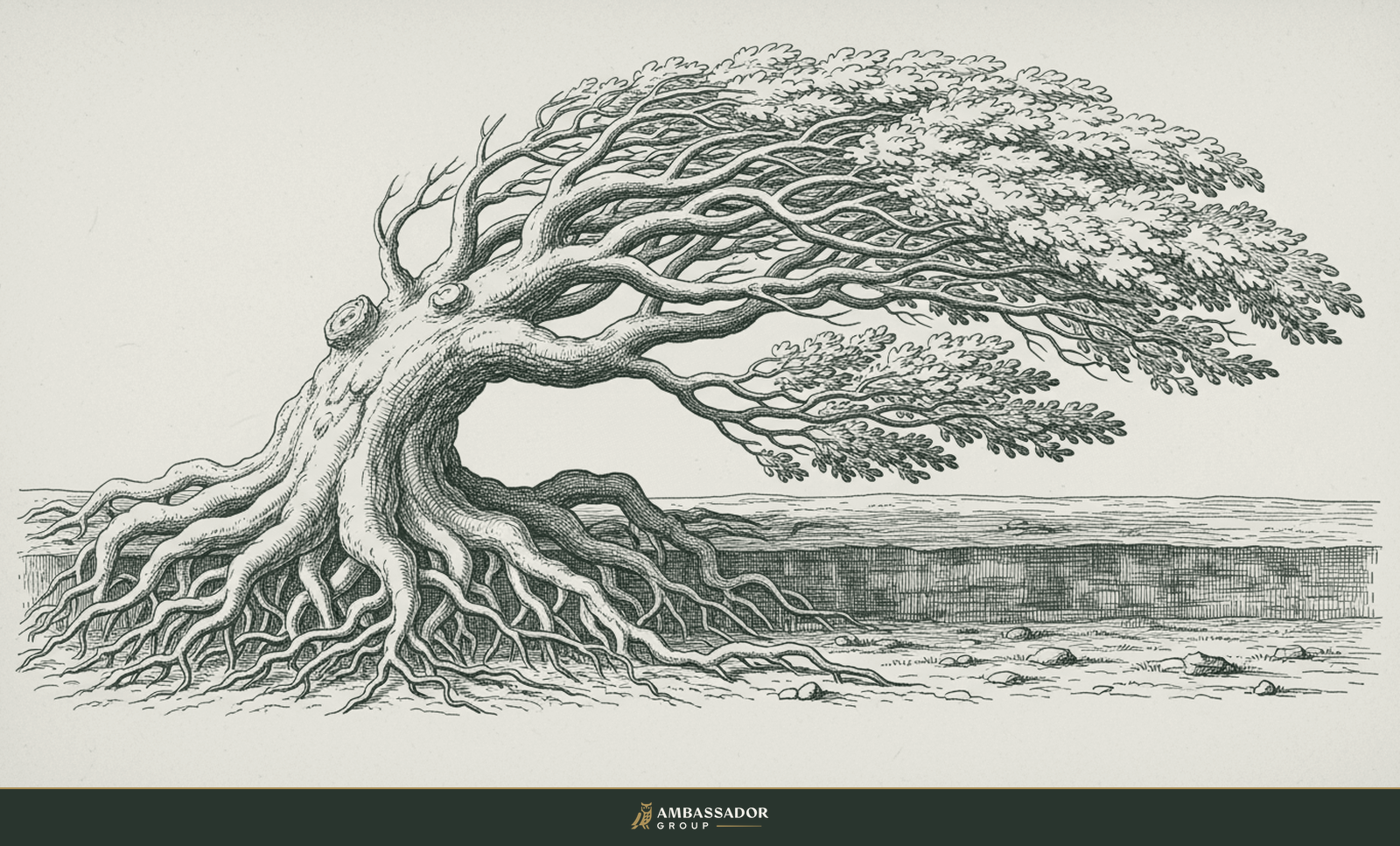 Antique engraving illustration. A great oak tree with deep visible spreading roots gripping the earth, standing firm and anchored against a strong bending wind.