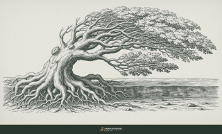 Antique engraving illustration. A great oak tree with deep visible spreading roots gripping the earth, standing firm and anchored against a strong bending wind.