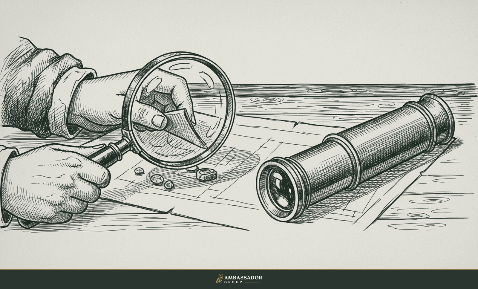 Antique engraving illustration. A magnifying glass actively turning over evidence on the left, an idle spyglass resting on the right, both on a plan table.