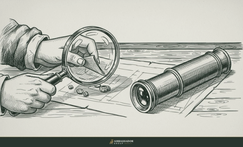 Antique engraving illustration. A magnifying glass actively turning over evidence on the left, an idle spyglass resting on the right, both on a plan table.
