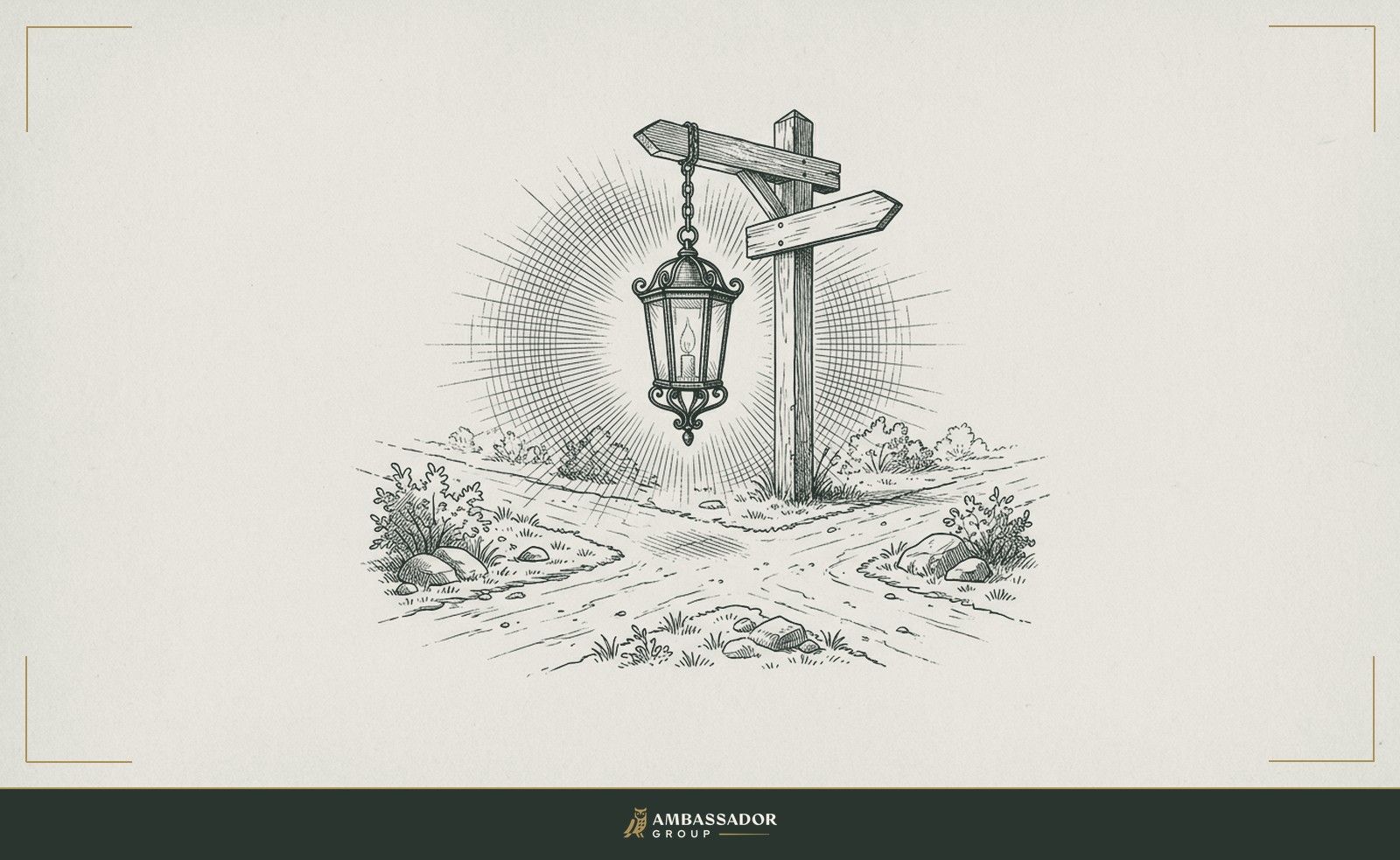Antique engraving illustration. A single lantern hung at a crossroads signpost, its glow illuminating the diverging paths equally, the choice still unmade but now made visible.