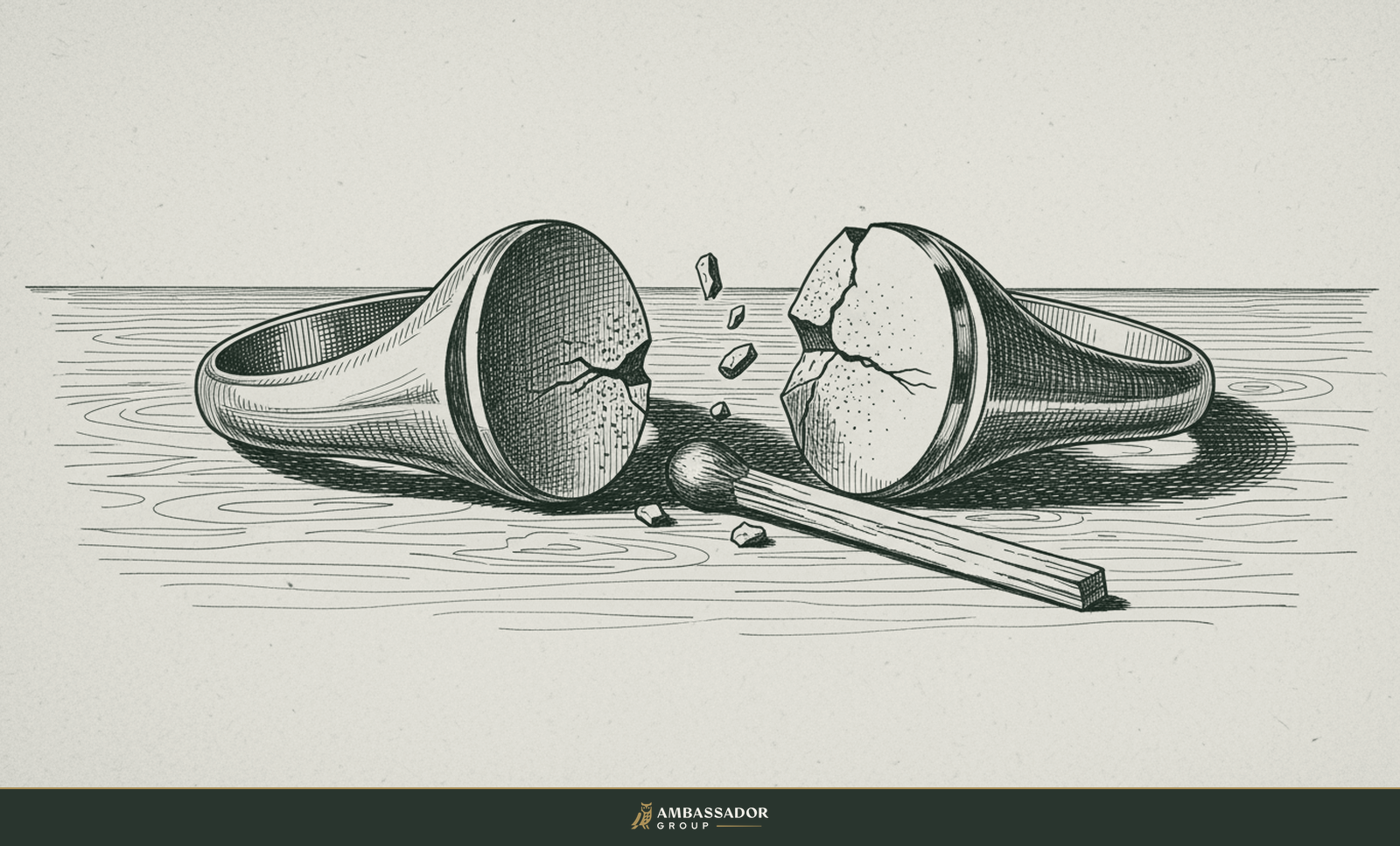 Antique engraving illustration. Two halves of a broken signet ring that no longer align, lying apart on a writing desk, a match come undone.