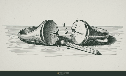 Antique engraving illustration. Two halves of a broken signet ring that no longer align, lying apart on a writing desk, a match come undone.