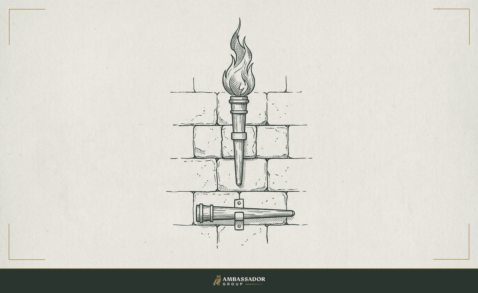 Antique engraving illustration. A torch mounted in a stone wall sconce, its flame burning steadily upward, an unlit torch of identical design resting on a bracket directly below it.