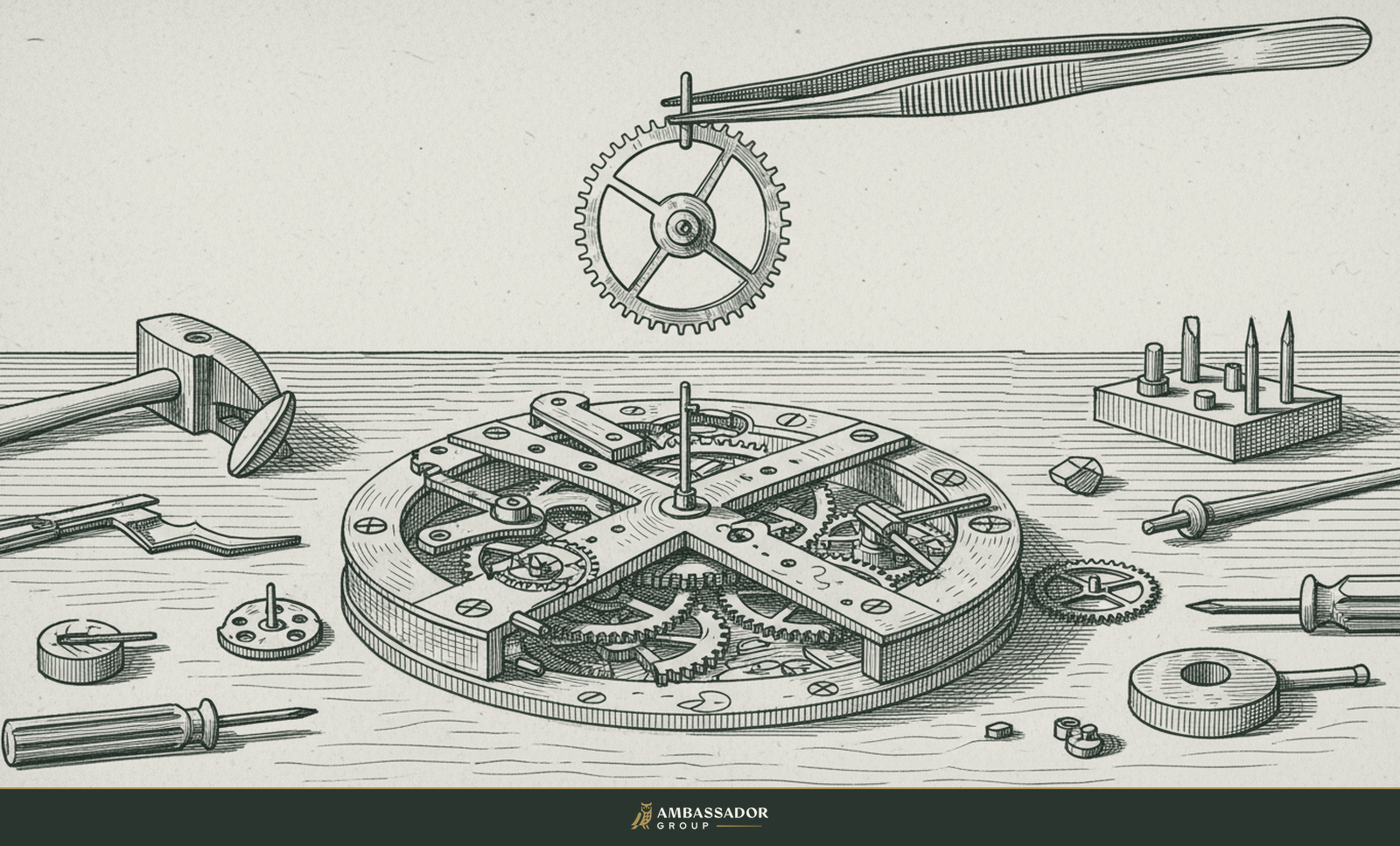 Antique engraving illustration. An intricate broken clockwork mechanism on a workbench, a single new brass gear held above it by tweezers, unable to fix the deeper fault.