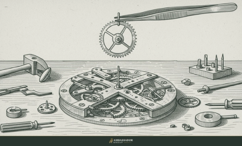 Antique engraving illustration. An intricate broken clockwork mechanism on a workbench, a single new brass gear held above it by tweezers, unable to fix the deeper fault.