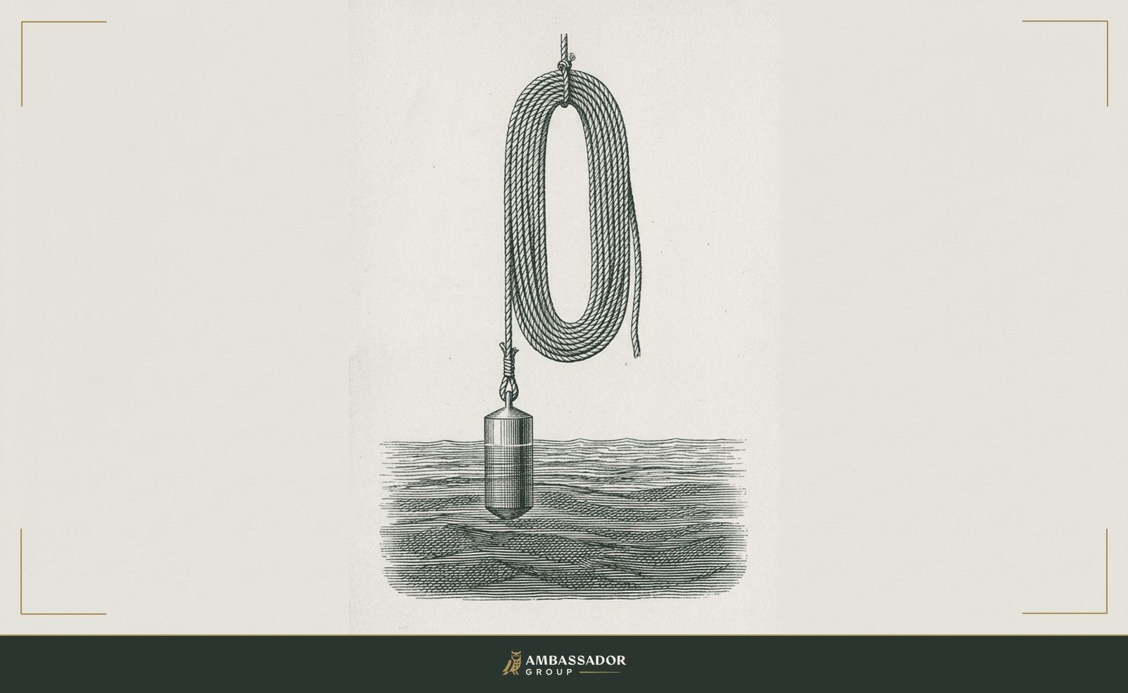 Antique engraving of a mariner's sounding lead on a coiled line descending into deep water
