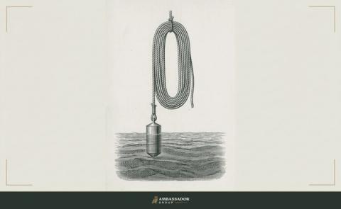 Antique engraving of a mariner's sounding lead on a coiled line descending into deep water