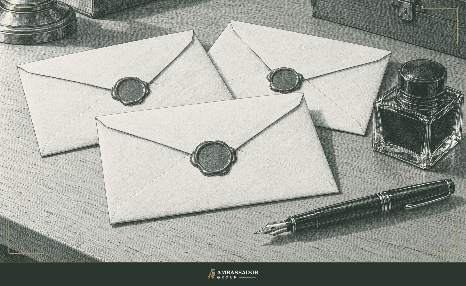 Antique engraving illustration. Three wax-sealed envelopes rest on a drafting table beside a fountain pen and an inkwell.