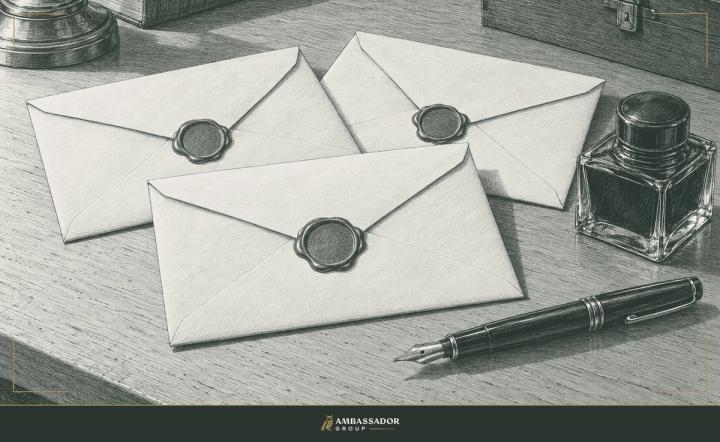 Antique engraving illustration. Three wax-sealed envelopes rest on a drafting table beside a fountain pen and an inkwell.