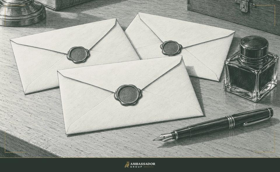 Antique engraving illustration. Three wax-sealed envelopes rest on a drafting table beside a fountain pen and an inkwell.