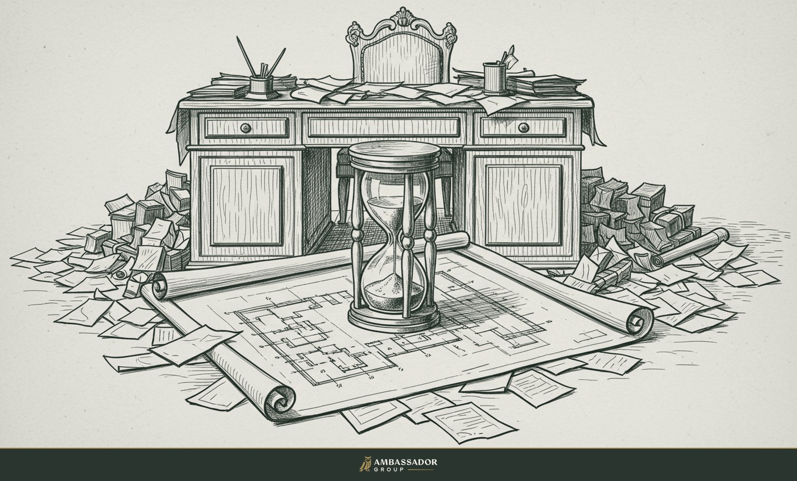 Antique engraving illustration. A leader's desk buried under scattered small papers while a large unrolled blueprint sits ignored beneath a heavy hourglass.