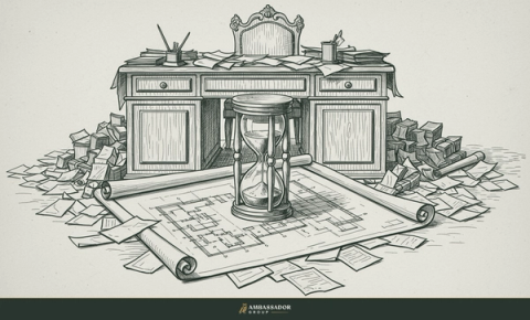 Antique engraving illustration. A leader's desk buried under scattered small papers while a large unrolled blueprint sits ignored beneath a heavy hourglass.
