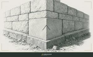Antique engraving illustration. A cornerstone bearing a single chisel-cut mark, set at the foundation's angle where two walls converge, carrying the weight of every course laid above it.