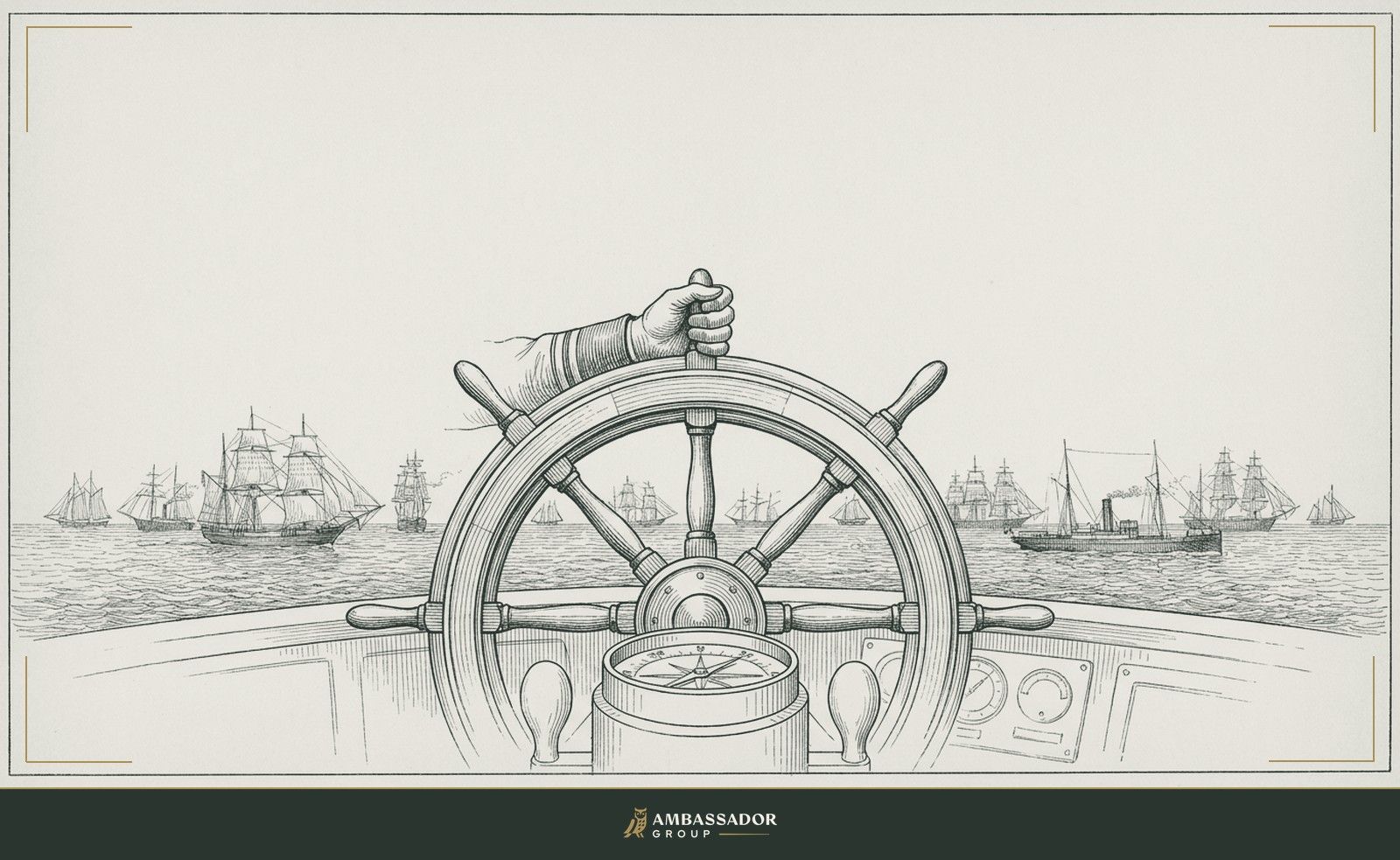 Antique engraving illustration. A captain's wheel at the helm of a vessel, one hand resting on a single spoke, the horizon empty and the sea crowded with other vessels.