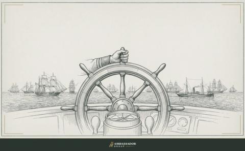 Antique engraving illustration. A captain's wheel at the helm of a vessel, one hand resting on a single spoke, the horizon empty and the sea crowded with other vessels.