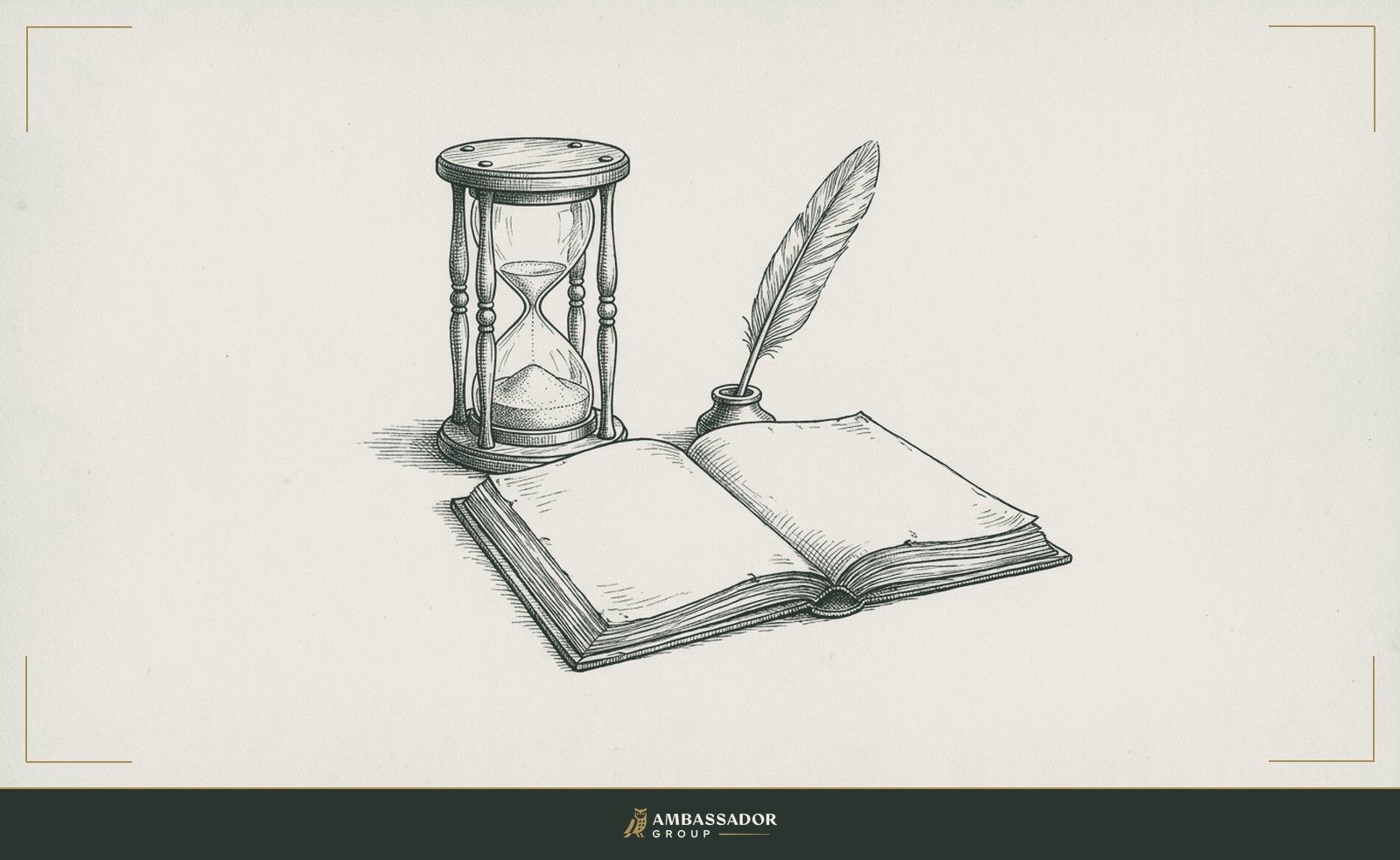 Antique engraving illustration. An hourglass mounted beside an open ledger, the sand drained, a quill poised to record the lesson, the post-mortem clock stopped so the record can be written before the next run begins.