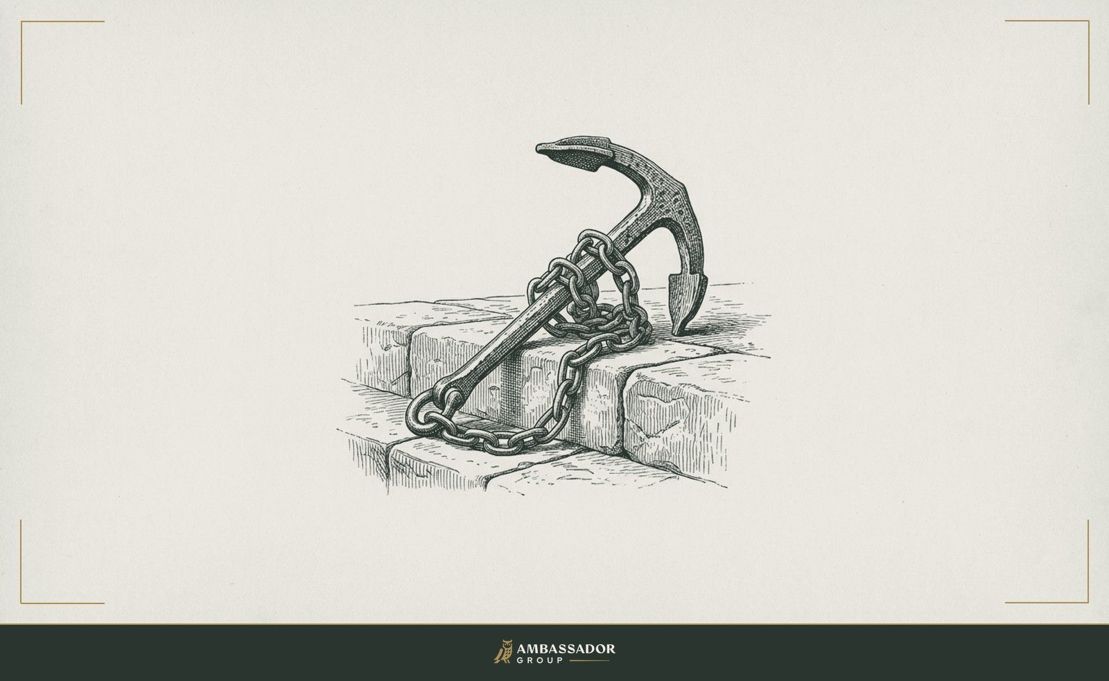 Antique engraving illustration. A forged iron anchor with coiled chain resting on a stone quay.