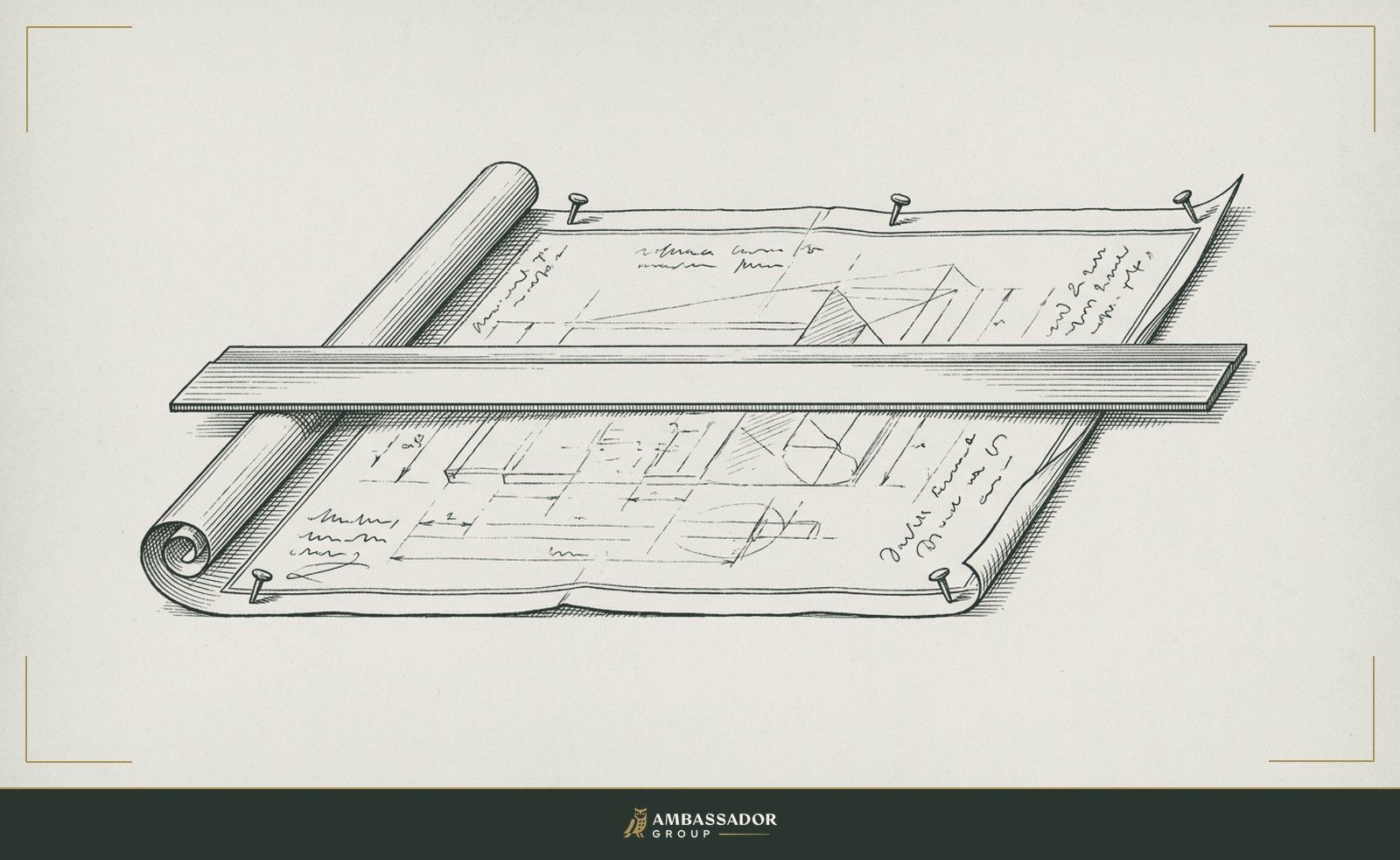 Antique engraving illustration. A blueprint unrolled and pinned flat, a straightedge ruler crossing its centerline, the margins filled with faint illegible scribbled notation marks rather than any readable writing.